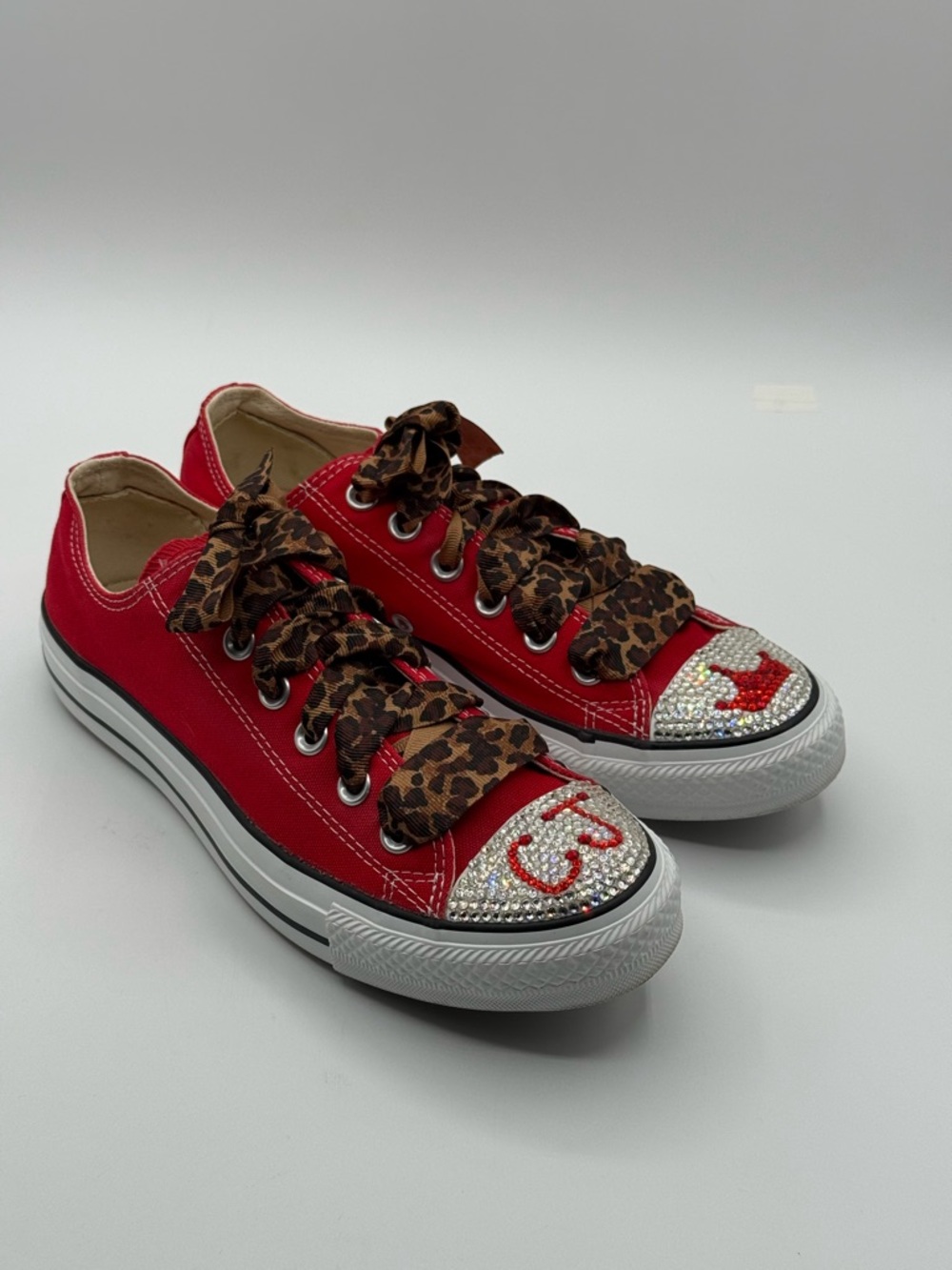 Custom Red Converse Sneakers w/ Leopard Laces & Rhinestone Low Top Chuck Taylors - Picture 13 of 16